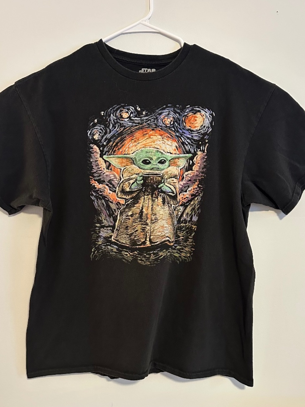 Baby Yoda Star Wars Van Gogh Graphic Print T-Shirt XL Black Y2K Short Sleeve